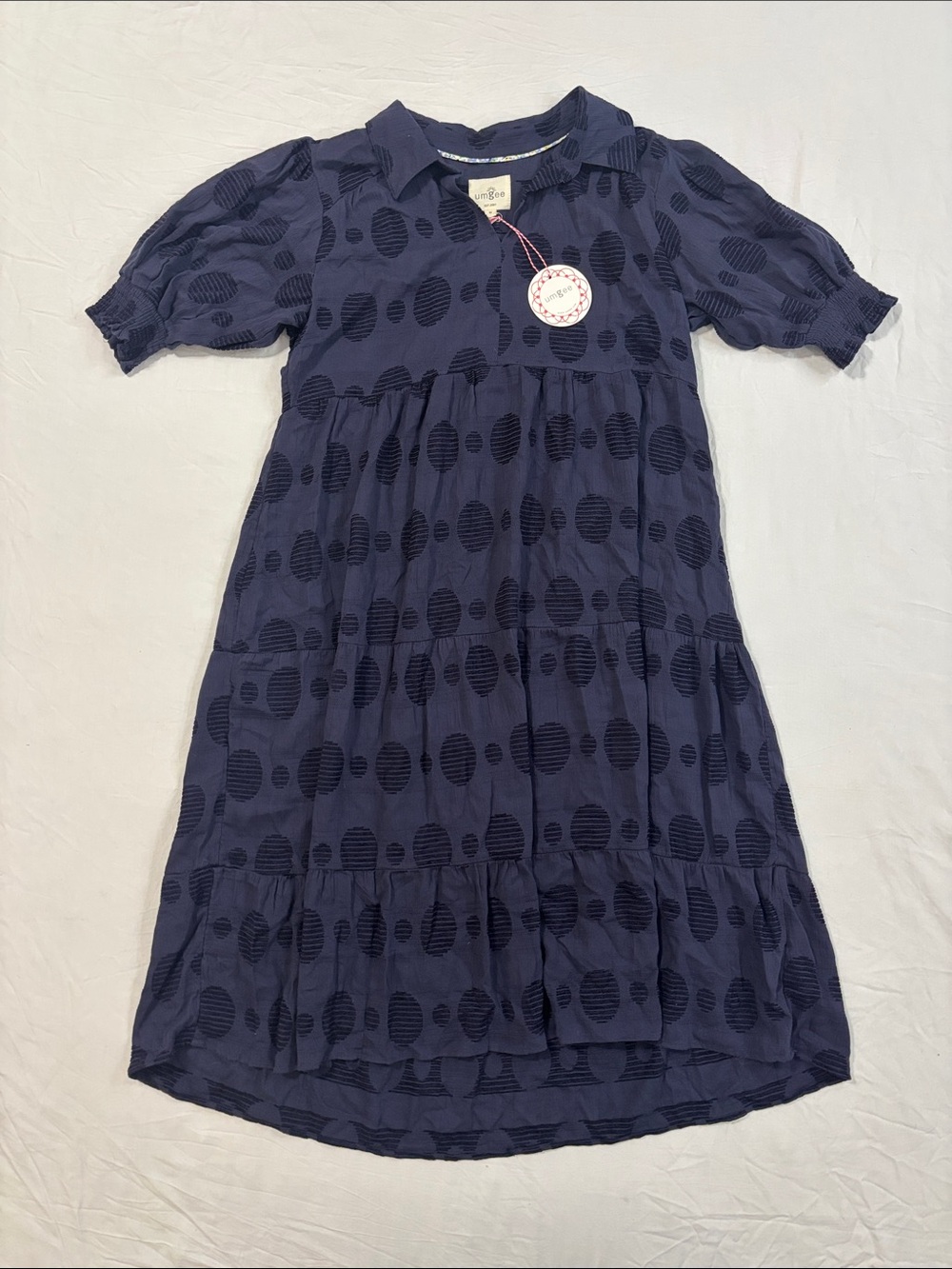 Umgee Swiss Dot Jacquard Tiered Midi Dress in Navy